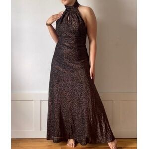 Vintage 1970s Lillian Albus Metallic Halter Maxi Dress with Cardigan
